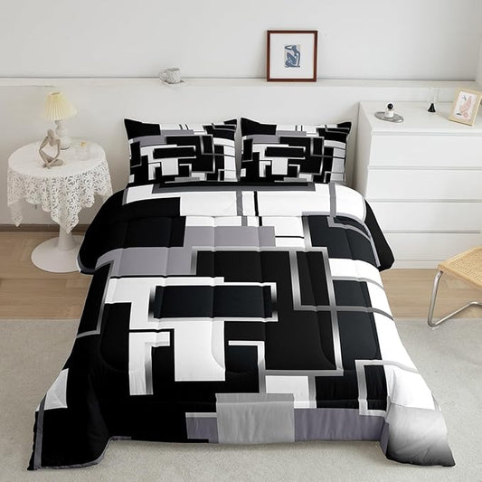 Erosebridal Geometric Comforter Sets Queen Black and White Bedding Set for Kids Teens Youth,Modern Ombre Quilt Set Soft,Mid Century Square Duvet Insert with 2 Pillow Shams Lightweight Warm