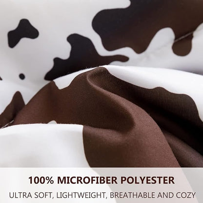 PERFEMET Queen Size Cow Print Bedding Comforter Set, Brown White Cowhide Western Comforter Sets, Geometric Checkered Reversible Cowboy Quilt Set (Brown White, Queen)