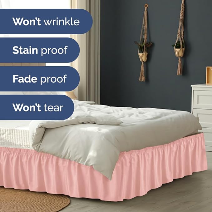 Wrap Around Dust Ruffle Bed Skirt - Baby Pink - Queen Size Beds w/ 12 Inch Drop - Easy Fit Elastic Strap - Adjustable Pleated Bedskirt w/Brushed Fabric - Wrinkle Free - Women, Men, Kids & Teens