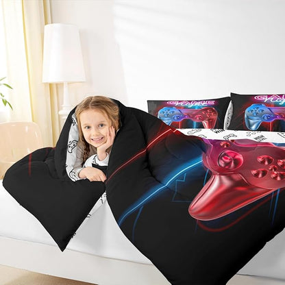 Boys Gaming Comforter Set Queen Size Teens Gamer Bedding Set Modern Blue Red Video Game Controller Comforter For Kids Children Youth Bedroom Decor Multi-Color Gamer Console Action Buttons Duvet Set