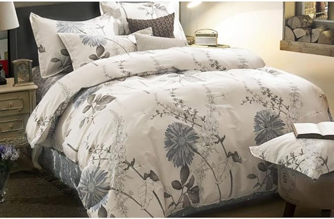 Wake In Cloud - Floral Comforter Set, 100% Cotton Fabric, Vintage Flower Shabby Chic Farmhouse Botanical Cottagecore Sunflower, 3 Pieces Bedding Set, Gray Beige, Queen Size