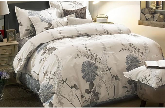 Wake In Cloud - Floral Comforter Set, 100% Cotton Fabric, Vintage Flower Shabby Chic Farmhouse Botanical Cottagecore Sunflower, 3 Pieces Bedding Set, Gray Beige, California King Size