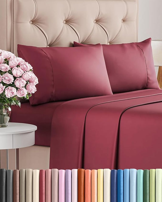 Twin XL 4 Piece Sheet Set - Comfy Breathable & Cooling - Ultra-Soft Hotel Luxury Bedding Set w/ 8-16 Inch Deep Pockets - 1 Flat & 1 Fitted Sheet & 2 Pillowcases - Wrinkle Free & Easy Care - Burgundy