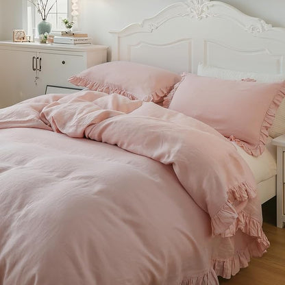Simple&Opulence 100% Linen Duvet Cover Set, 3 PCS Natural French Flax Blush Pink Ruffle Duvet Cover Queen Size, Breathable Comfy Linen Bedding Comforter Cover with 2 Pillowcases(Blush Pink, 88" X 92")