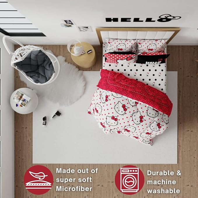 Hello Kitty Polka Dot Bedding 7 Piece Super Soft Comforter and Sheet Set with Sham, Full, (Official Licensed Product) by Franco Collectibles