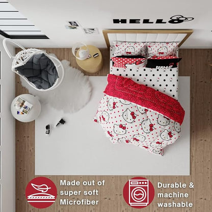 Hello Kitty Polka Dot Bedding 7 Piece Super Soft Comforter and Sheet Set with Sham, Full, (Official Licensed Product) by Franco Collectibles