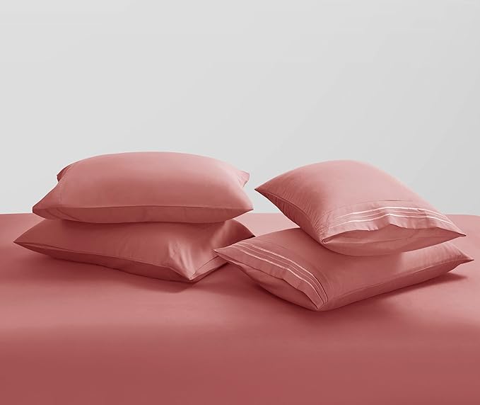 Clara Clark Flex Top King Sheets - Hotel Luxury 6 Piece Bed Sheets for Top Split King Bed - Soft Bedding Sheets & Pillowcases, Head Split King Size. Pink Clay