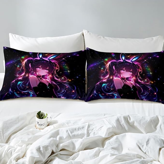 Erosebridal Cute Bunny Girls Queen Bed Sheets Japanese Anime Girl Fitted Sheet,Cartoon 3D Kids Bedding Sets Magical Neon Stars Sheets with 2 Pillowcases