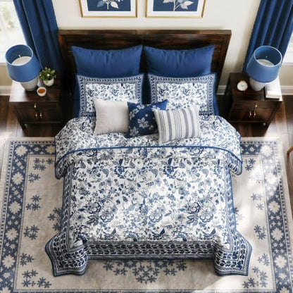 FLYMME Blue and White Vintage Floral Quilt Set Full/Queen Size, 3-Piece Classic Reversible Bedspread Coverlet with 2 Pillow Shams, Lightweight Botanical Bedding Set for All Season