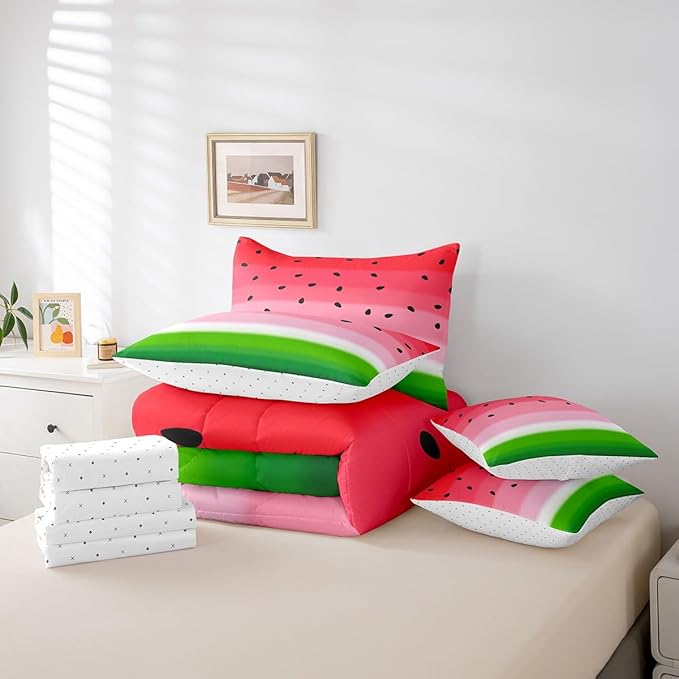 Castle Fairy 7 Pcs Watermelon Bedding Sets Red Pink Green Stripes Print Comforter Set for Kids Teens Adults All Season (Comforter Flat Sheet Fitted Sheet 2 Pillowcases 2 Throw Pillow Covers) Queen