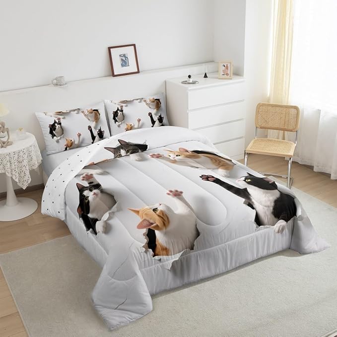 Erosebridal Kawaii Cats Bedding Set King Size 3D Kitten Comforter Set for Kids Boys Girls Paw Cute Pet Animal White Yellow Black Comforter Warm Soft Quilt Insert