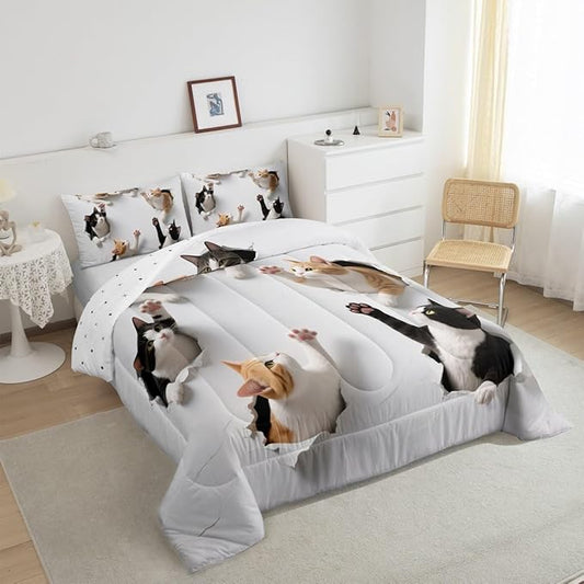 Erosebridal Kawaii Cats Bedding Set King Size 3D Kitten Comforter Set for Kids Boys Girls Paw Cute Pet Animal White Yellow Black Comforter Warm Soft Quilt Insert