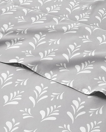 Floral Sheets - Grey & White Bed Sheet Set - 1 Flat, 1 Fitted & 2 Pillowcases w/ Deep Pockets - Comfy, Wrinkle & Fade Free - Boho Botanical Bedding - Ultra-Soft, Breathable & Cooling - King Size Set
