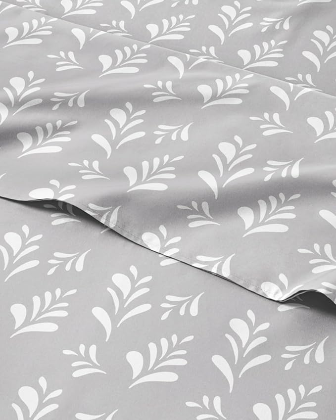 Floral Sheets - Grey & White Bed Sheet Set - 1 Flat, 1 Fitted & 2 Pillowcases w/ Deep Pockets - Wrinkle & Fade Free - Boho Botanical Bedding - Ultra-Soft, Breathable and Cooling - Cal King Size Set