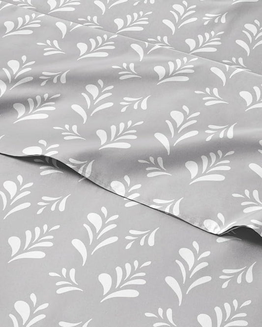 Floral Sheets - Grey & White Bed Sheet Set - 1 Flat, 1 Fitted & 2 Pillowcases w/ Deep Pockets - Wrinkle & Fade Free - Boho Botanical Bedding - Ultra-Soft, Breathable and Cooling - Cal King Size Set