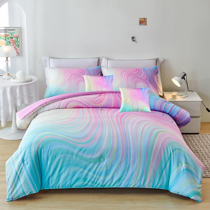 Full Size Comforter Sets for Girls 7PCS,Pink Bedding Sets,Bed Sets for Girls with Flat Sheet and Fitted Sheet,Pillowcases,Cushion Covers,Tie Dye Comforter Sets