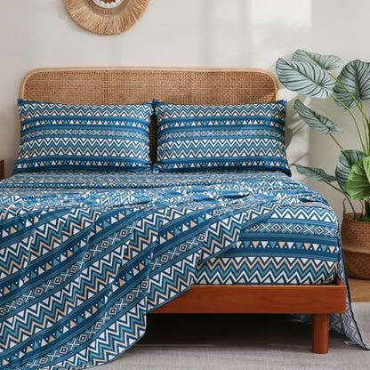 CozySmile Boho Sheet 4 Pieces King Sheet Set Bohemian,King Size Breathable Soft Microfiber Deep Pocket Bedding, Western Sheets Geometric(King, Teal Geometric)