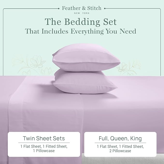 Feather & Stitch Softest 100% Cotton Sheets, 300 Thread Count Percale Weave Bedding, 16" Deep Pocket, Cooling Sheets, Breathable Bed Set, Hotel Premium Quality (King, Lavender)