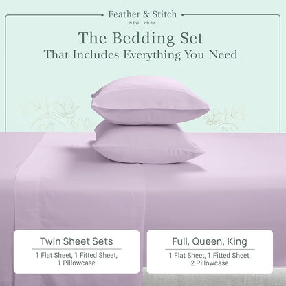 Feather & Stitch Softest 100% Cotton Sheets, 300 Thread Count Percale Weave Bedding, 16" Deep Pocket, Cooling Sheets, Breathable Bed Set, Hotel Premium Quality (King, Lavender)