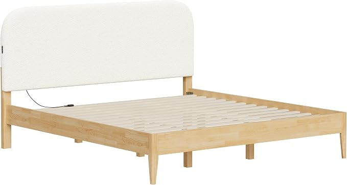 KISLOT Wood Bed Frame with USB & Type-C, Boucle Headboard, Cream, King | Platform Bed, Mattress Foundation, No Box Spring Needed, Easy Assembly