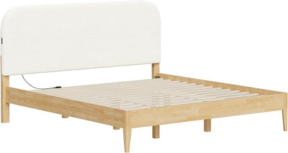 KISLOT Wood Bed Frame with USB & Type-C, Boucle Headboard, Cream, King | Platform Bed, Mattress Foundation, No Box Spring Needed, Easy Assembly