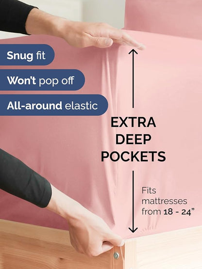 Extra Deep Split King Sheet Set - 7 Piece Breathable and Cooling Sheets - Hotel Luxury Bedding for Women, Men, Kids & Teens - Easy Secure Fit - Soft and Wrinkle Free - Extra Deep Pockets - Baby Pink