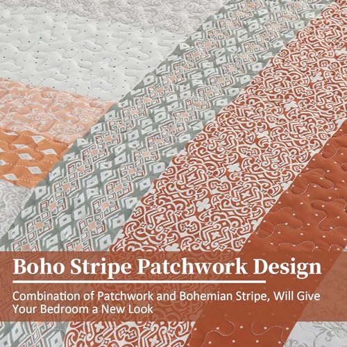 WONGS BEDDING Boho Quilt Set Queen, Stripe Bedspread Sets, Burnt Orange