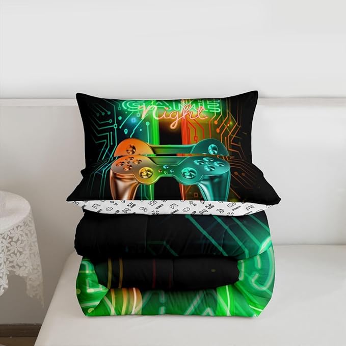 Feelyou Gamer Comforter Kids Gaming Video Game Comforter Set for Boys Teens Noverlty Modern Gamepad Bedding Set Breathable Gamer Console Bedding Duvet Set Bright Orange Green Room Decor King Size