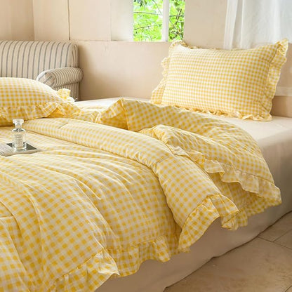 NSNLGSGC Yellow Ruffle Gingham Comforter Set Twin, Pre-Washed Ruffled Plaid Checked Comforter Bedding, 2 Pieces Vintage Farmhouse Grid Bedding Set(Yellow Gingham, Twin)