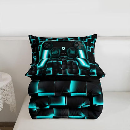 Erosebridal Gaming Bedding Set Full Comforter Set for Boys Kids Geometric Gamer Bedding Sets Teal Black Ombre Checkered Gamepad Quilt Duvet Neon Game Console Bed Cmforter Set 3 Pcs