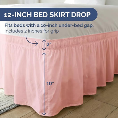 Wrap Around Dust Ruffle Bed Skirt - Baby Pink - King Size Beds w/ 12 Inch Drop - Easy Fit Elastic Strap - Adjustable Pleated Bedskirt w/Brushed Fabric - Wrinkle Free - Women, Men, Kids & Teens