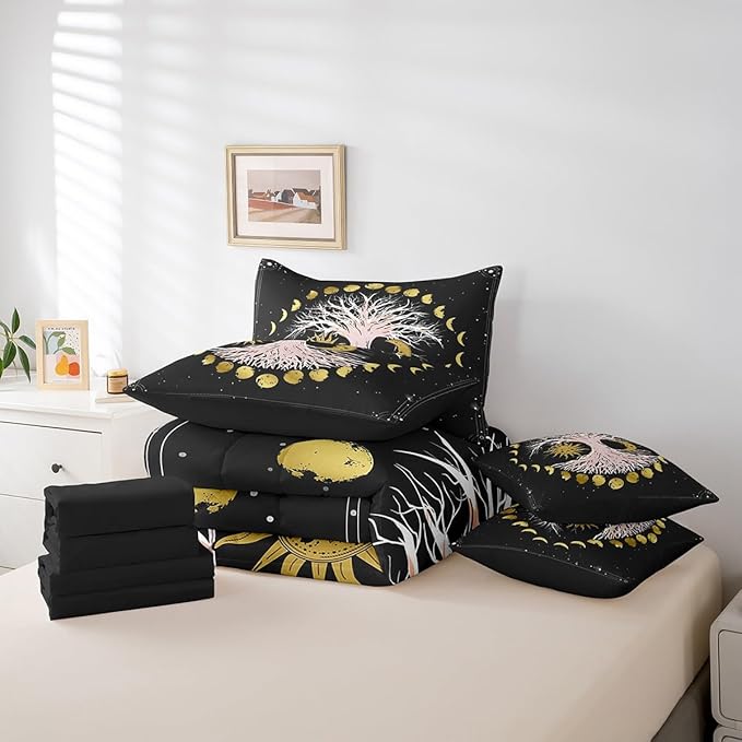 Erosebridal Sun and Moon 7 Piece Comforter Set Full Bed in a Bag,Tree of Life Bedding Sets Galaxy Starry Sky Bohemian Sheet Set with Comforter