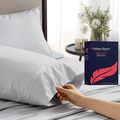 Ashton Sheets 100% Egyptian Cotton Pillow Cases King Size Set of 2 - Luxury 1200 Thread Count Sateen Weave Light Grey Pillow Covers, Silky Soft Extra Long Staple Pillowcases, Fits King Size Pillows