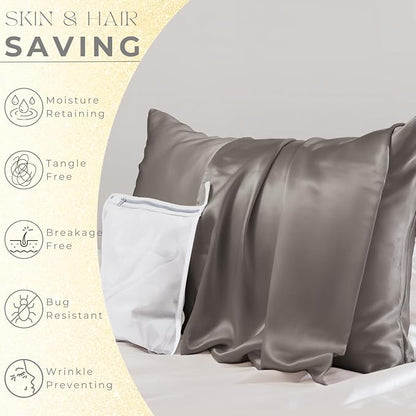 PROMEED 23 Momme Grade 6A+ Mulberry Silk Pillowcase 2 Pack, 100% Natural Silk Pillow Cases Set of 2, Premium Silk Pillow Case Cover for Hair and Skin (Queen 20"x30", Grey)