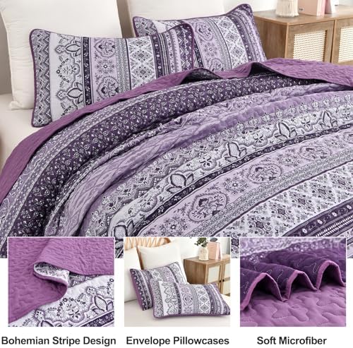 WONGS BEDDING Boho Quilt Queen Size,3 Pieces Purple Bedspread Bedding Set