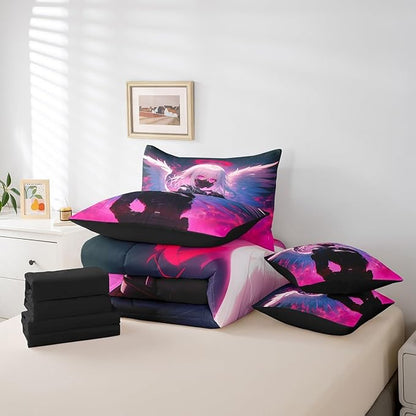 Erosebridal Full Japanese Anime Bed in A Bag Anime Girl Comforter Set with Sheets for Kids Girls Teens Men Bedroom Decor, Cartoon Girl 7 Piece Bedding Set Kawaii Japanese Animation Bed Sets