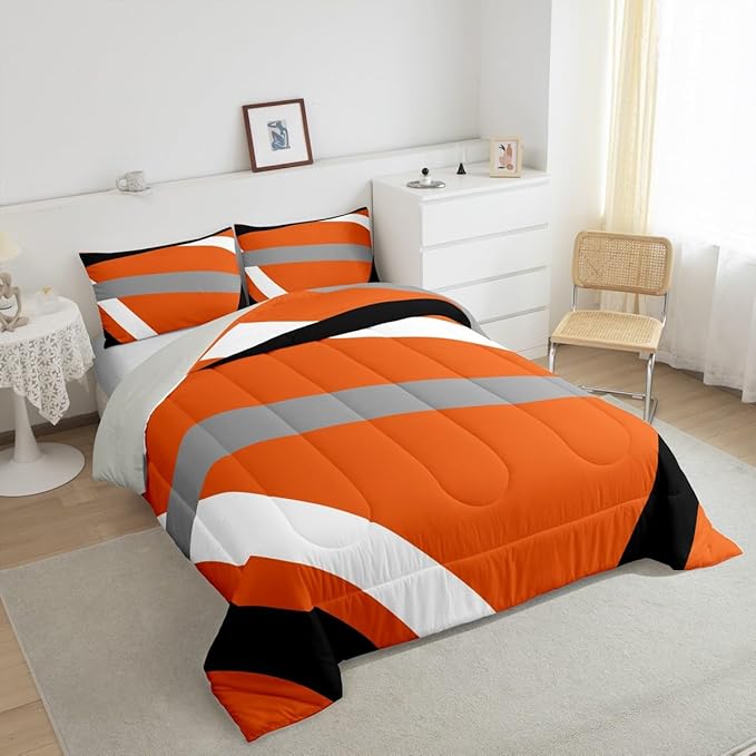 Erosebridal Orange Gray Black Striped Twin Bedding Sets for Adult Women Men Modern Abstract Comforter Set Geometric Lines Quilt Duvet Set Aesthetic Boho Bedding Collections