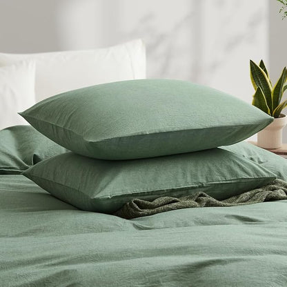 LOVQUE 100% Washed Cotton Duvet Cover King Size, Mint Green Fade-Resistant Natural Bedding Set (No Comforter), 104x90 Inches