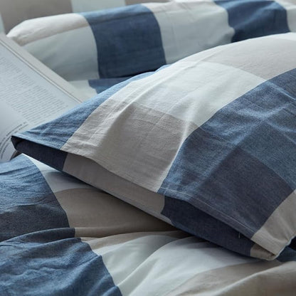 FACE TWO FACE Bedding Duvet Cover Set100% Washed Cotton Duvet Cover Linen Like Textured Breathable Durable Soft Comfy (King, Blue and White Grid)