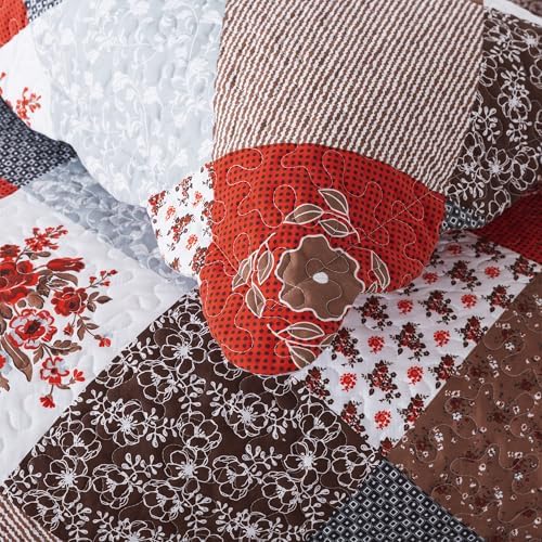 HoneiLife Quilt Set Queen Size - 3 Piece Microfiber Bedspread Reversible Coverlet Patchwork Bedding Set Lightweight Bedcover Floral Bedspreads All Season Quilts-Amaranth Red