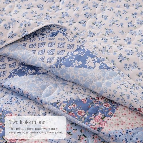 Queen Quilt Set-3 Pieces Soft Bedding Lightweight Floral Patchwork Coverlet