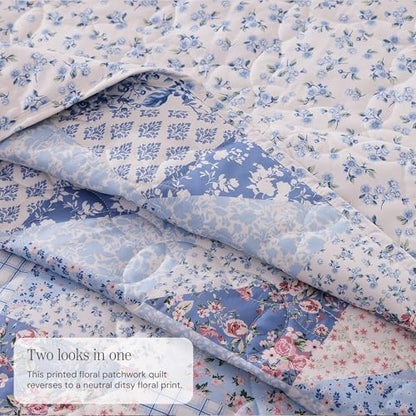 Queen Quilt Set-3 Pieces Soft Bedding Lightweight Floral Patchwork Coverlet