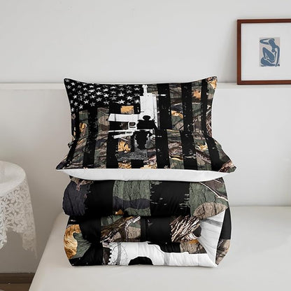Castle Fairy American Flag Camo Comforter Set Queen Size,Hunting Bedding Set Rustic Trees Leaves Camouflage Comforter for Boys Teens Kids Man Bedroom Nature Conifer Oak Branches Bedding Quilt Set
