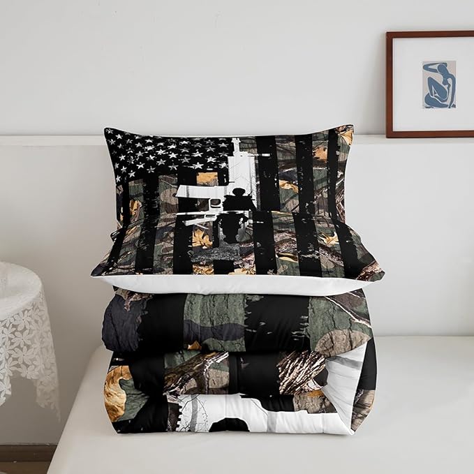 Castle Fairy American Flag Comforter Set King,Camouflage Camo Kids Boys Men Bedding Decor,Vintage Stripes Comforter with 2 Pillowcases,Green Leaves Quilt Set 3 Pcs,Shooting Theme Game Room Decor