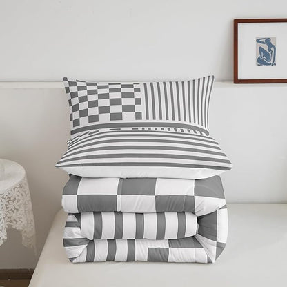 Grey Stripes Bedding Set Twin Size Buffalo Check Plaid Comforter Fashion Plaid Geometric Comforter Set Modern Simple Style Duvet Set 2Pcs Quilt Set 1 Comforter Set with 1 Pillowcase