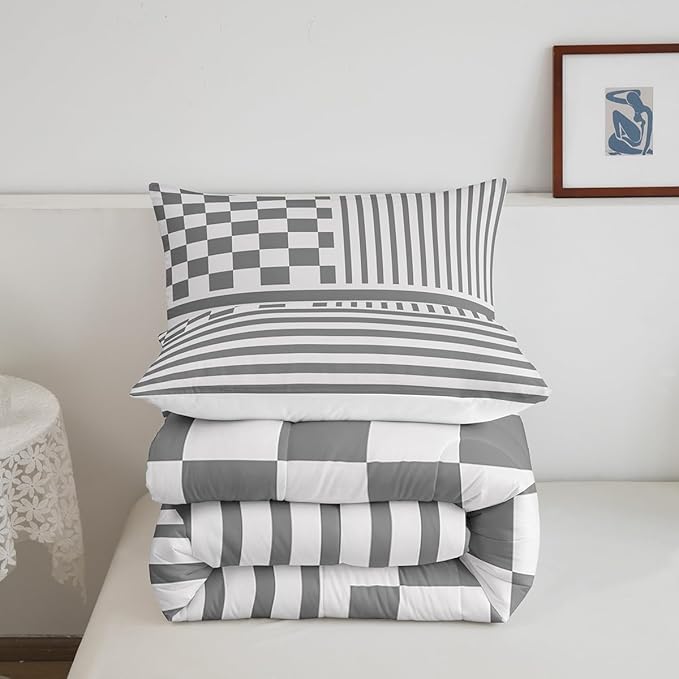 Grey Stripes Bedding Set Queen Size Buffalo Check Plaid Comforter Fashion Plaid Geometric Comforter Set Modern Simple Style Duvet Set 3Pcs Quilt Set 1 Comforter Set with 2 Pillowcase