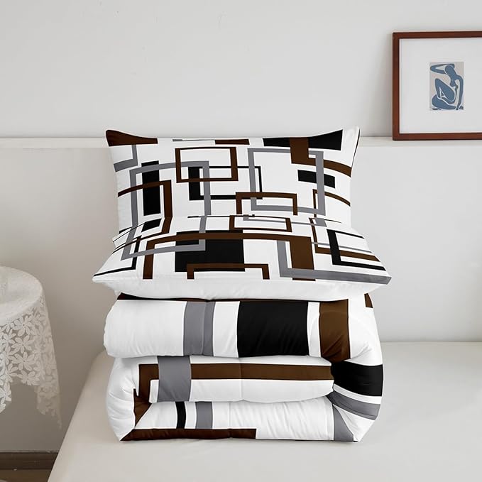 Erosebridal Geometric Comforter Set for Adult,Vintage Black and Grey Brown Bedding Set Twin Size,Modern Farmhouse Quilt Set Home Room Decor,Grid Pattern Duvet Insert with 1 Pillow Sham All Season