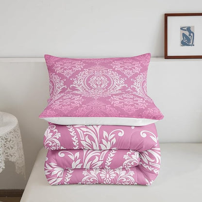 Feelyou Adults Pink Vintage Damask Floral Comforter Set Oriental Antique Comforter Twin Size Gothic Bohemia Boho Floral Bedding Set Bohemian Exotic Duvet Set Quilt Set 2Pcs