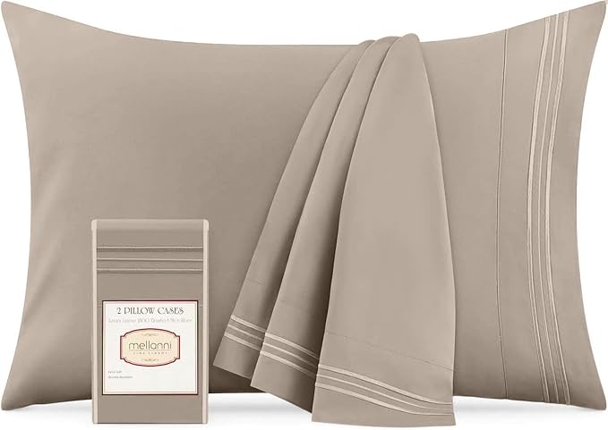 Mellanni Pillow Cases - Luxury, Extra Soft, Cooling Pillow Covers - 2 PC Iconic Collection Pillowcases - Envelope Closure (Standard/Queen 20" x 30", Tan)