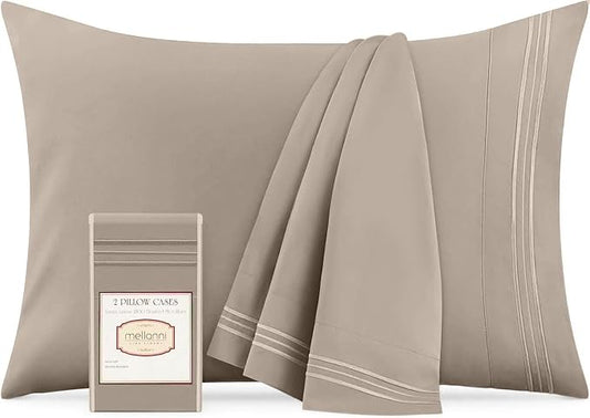 Mellanni Pillow Cases - Luxury, Extra Soft, Cooling Pillow Covers - 2 PC Iconic Collection Pillowcases - Envelope Closure (Standard/Queen 20" x 30", Tan)